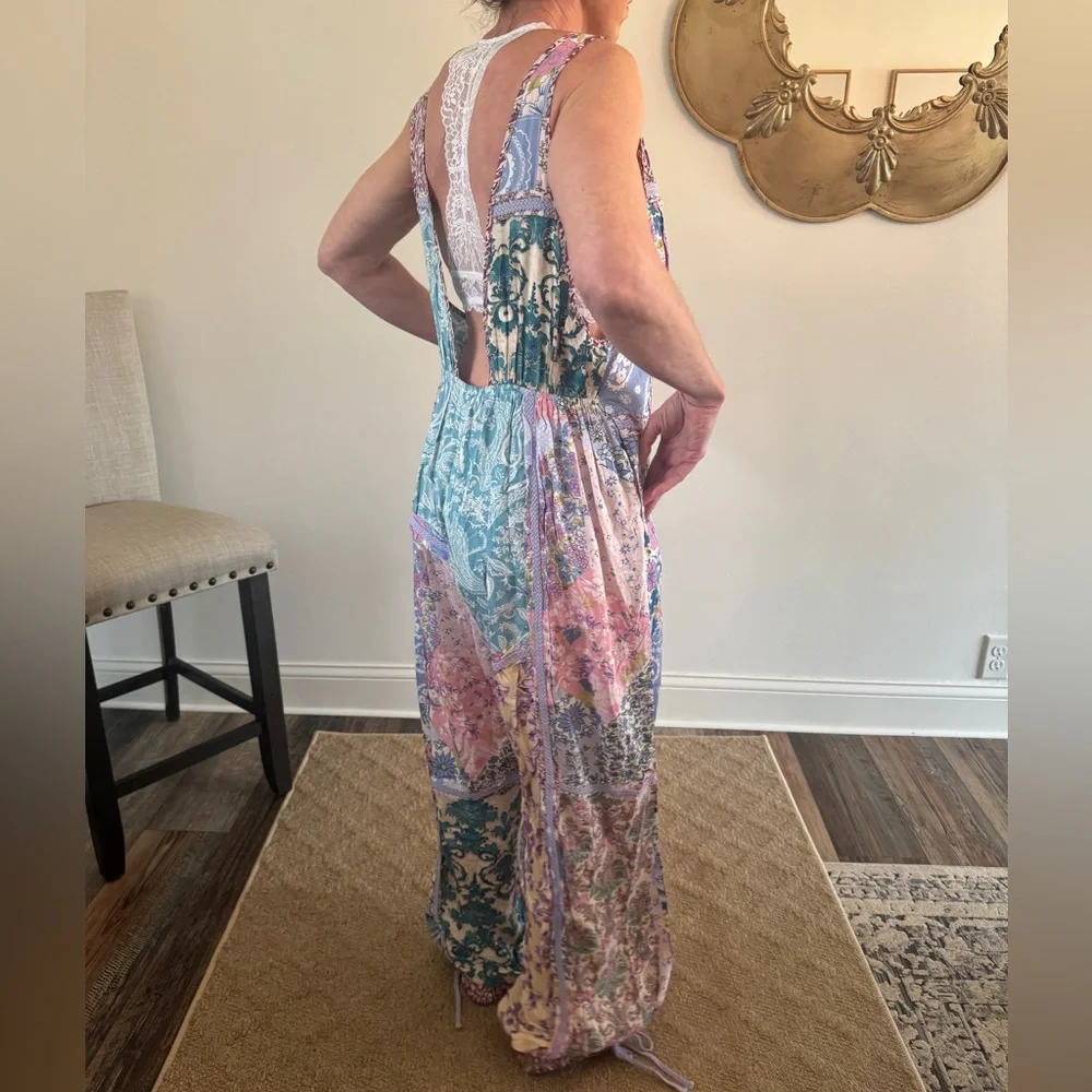 Blue Velvet Patchwork Boho Jumpsuit NWT Size Medium Wide Leg Floral - Picture 10 of 11